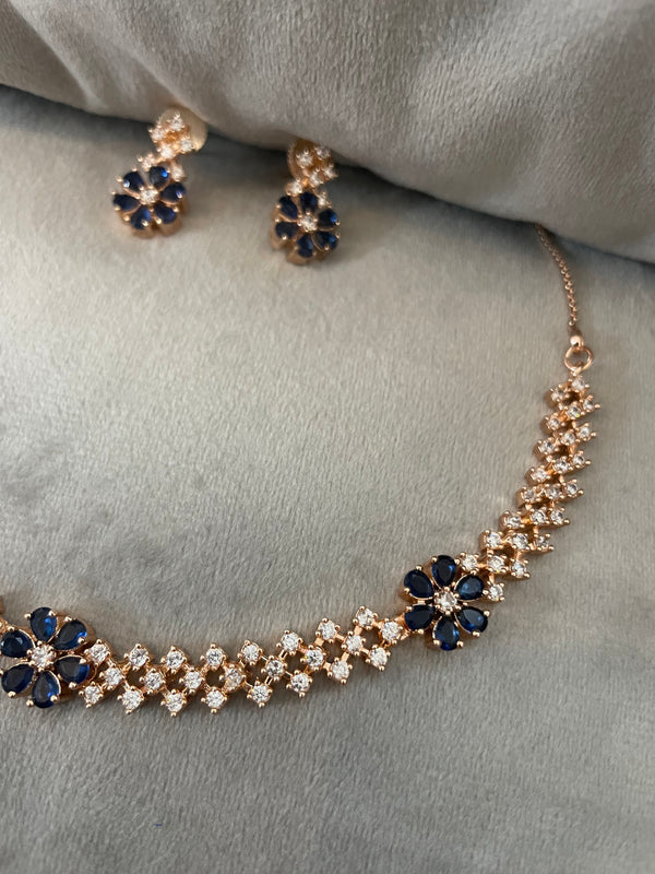 Miriyam CZ rosegold necklace Set- White & Blue stones