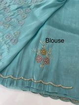 Handworked Premium Glass tissue flowy organza saree applique work MCH221 - Blue