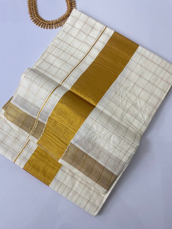 Kerala Cotton Saree with brocade blouse- Small Checks