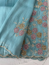 Handworked Premium Glass tissue flowy organza saree applique work MCH221 - Blue