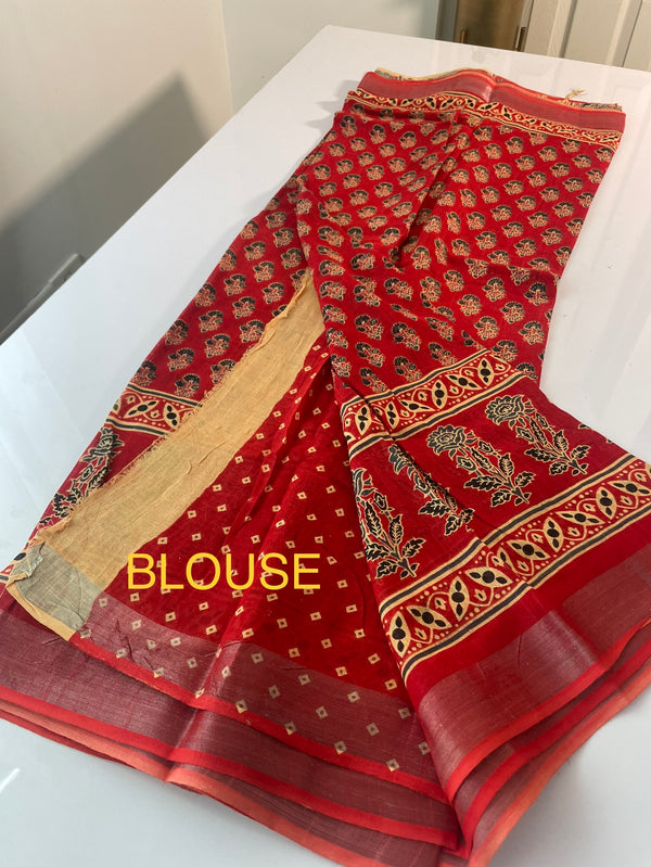 Handblock printed Ajrakh Linen-cotton saree MLS222