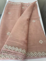 Tissue Organza saree with Kutch hand embroidery and mirror work- MS14799 PastelPeach