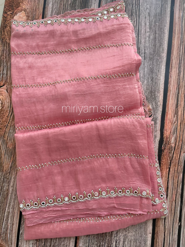 Handworked crush Organza saree with stones and cutbeads MZTS113 - PEACHPINK