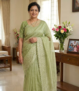 Glassy tissue organza saree with embroidery FKSF133- Dusty Green