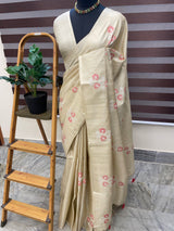 Crepe semi tussar silk saree with cross stitch embroidery-MSCS634