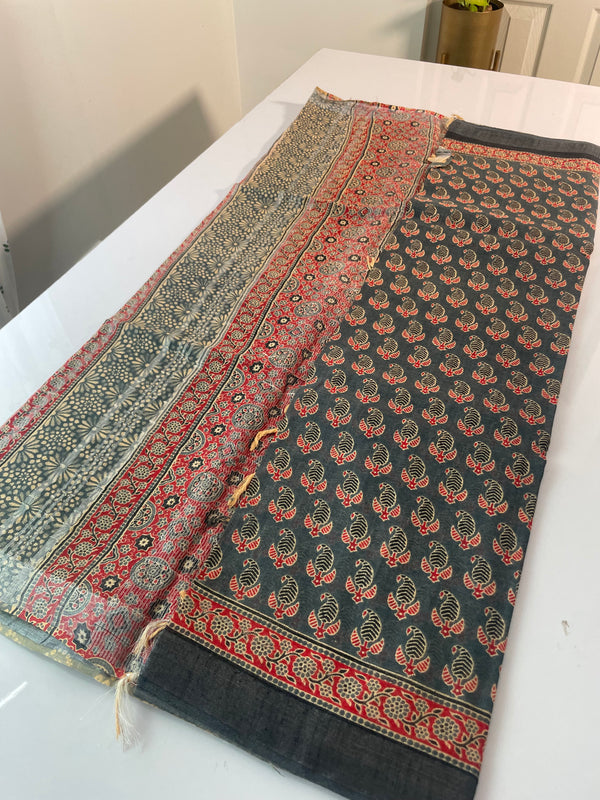 Handblock printed Ajrakh Linen-cotton saree MLS231