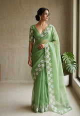 Soft organza saree with sequins cutwork borders- MCW541 - Green