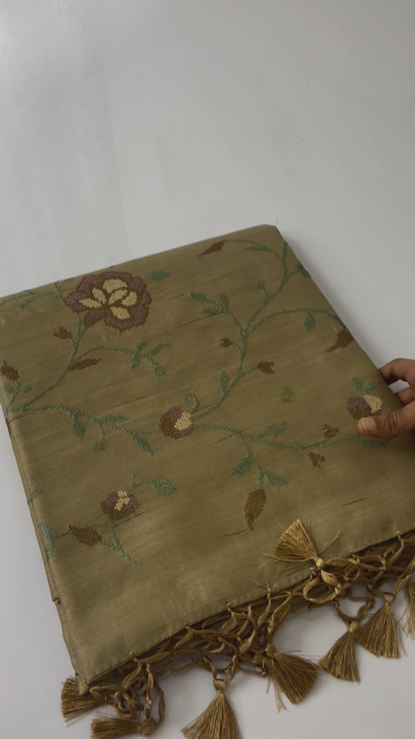 Matka tussar saree with cross stitch embroidery MCTE214 Golden Cream