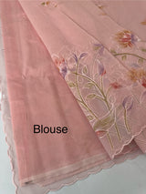 Supernet saree with embroidery and handpaintingwork MSH104- Pastel PeachPink
