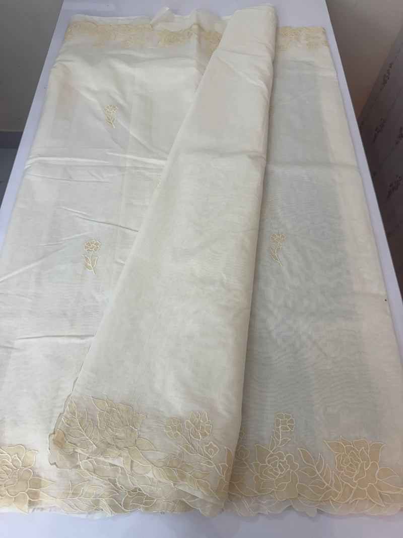 Mul chanderi applique work saree  MSH136 - Cream