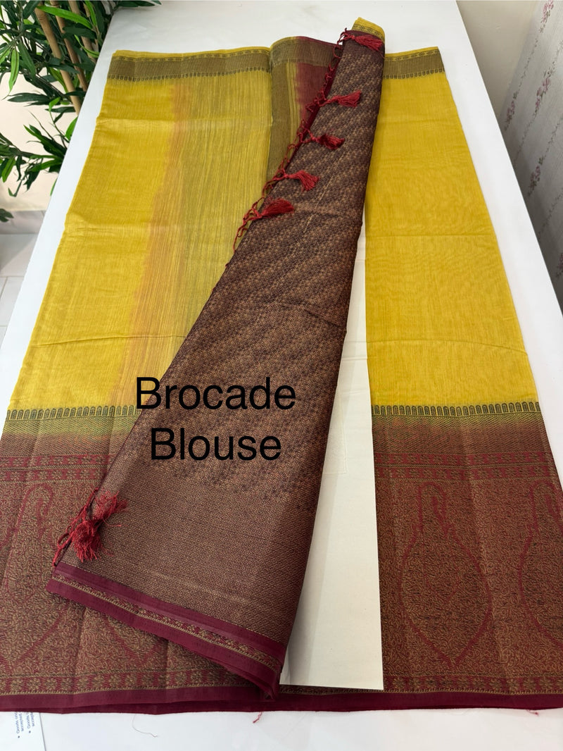 Jute silk sarees with contrast pallu & blouse MJL3412 Beige to Maroon