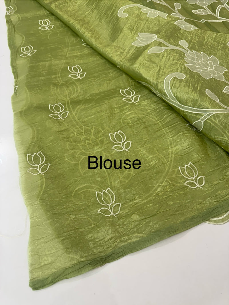 Crush Organza Applique work saree MS14987- Green