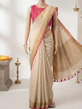 Linen checks saree with zari border MLS9766- Cream & Pink