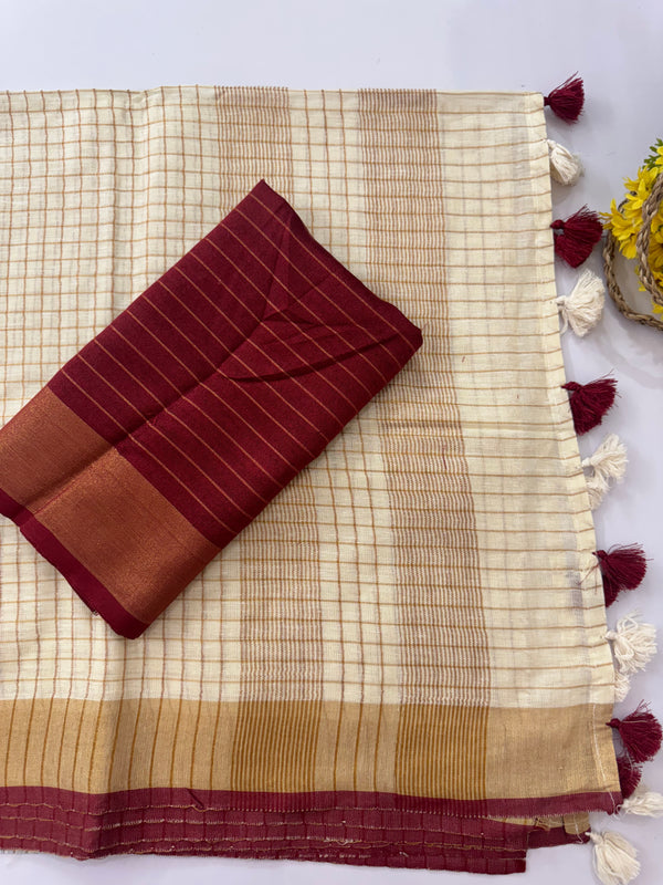 Linen checks saree with zari border MLS9766- Cream & MaroonRed
