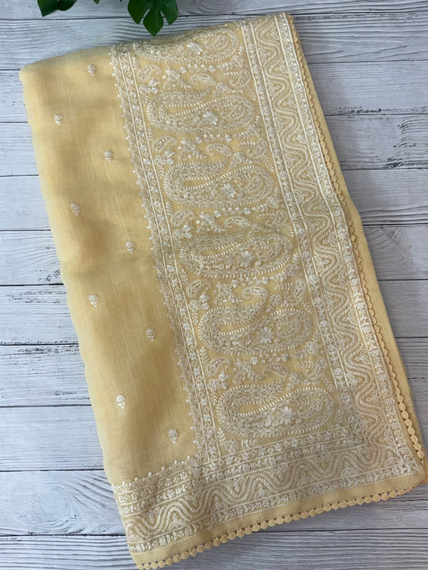 Semi linen saree with chikanakari embroidery- MS15086 PastelYellow