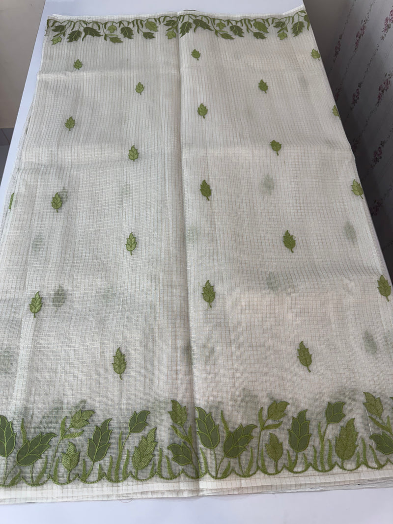 Tissue silk saree with zari checks and applique work  MSH105- Offwhite to Green