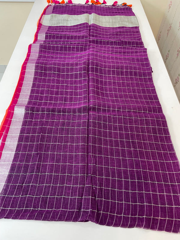 Linen checks saree with zari border MLS9788