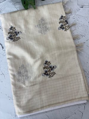 Blended tussar saree with embriodery - MS8667 PearlCream
