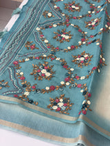 Kosa Tussar silk saree with hand embriodery - MS8199 Blue