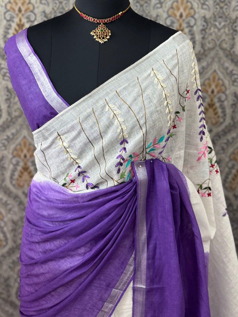 Linen blend Saree with hand embriodery MLS611