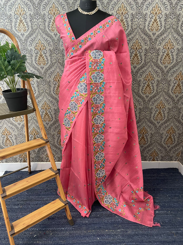 Blended tussar silk saree with embroidery SNFNRCY Crimsonpink