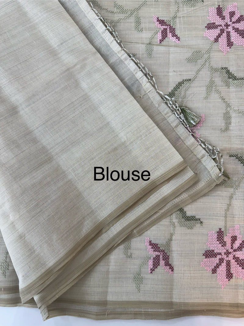 Soft semi tussar silk saree with cross stitch embroidery-MSCS638