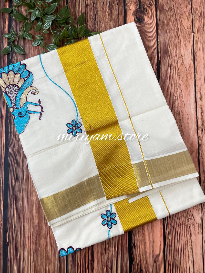 Kerala cotton saree - Embroidery on pallu