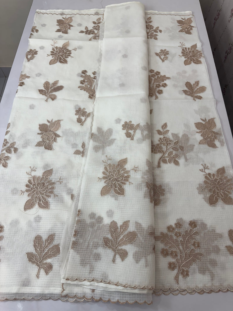 Soft kota silk saree with applique embroidery and scalloped border MS15232- Offwhite