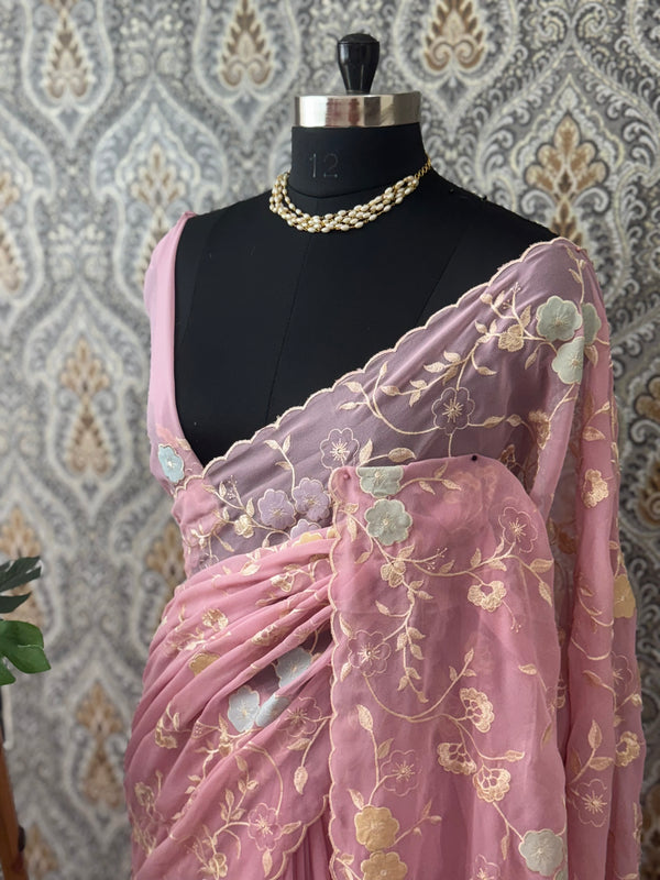 Pure Georgette saree with embriodery and applique work MS15567 Pink