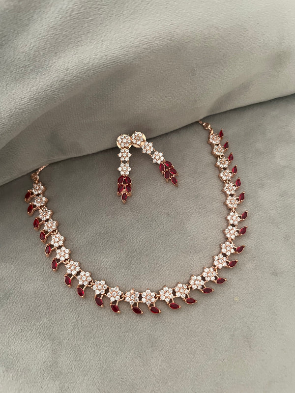 Miriyam CZ rosegold necklace Set- White & Red stones