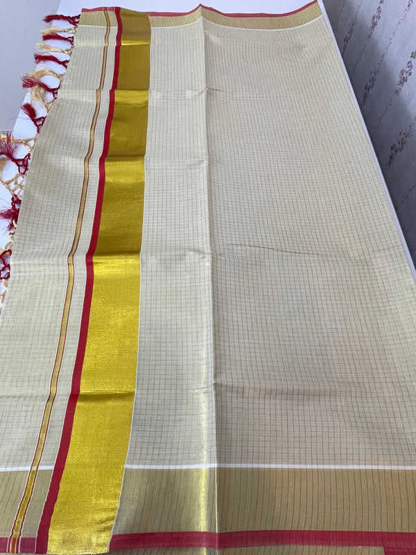 Kerala tissue saree - Gold checks