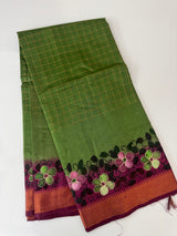 Checks Semi tussar saree with hand painting MS3432