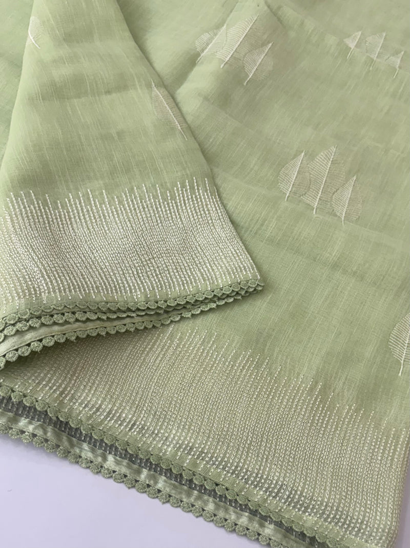 Semi linen saree with embroidery- MS15088 Pastel PistaGreen