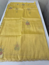 Handworked Premium Glass tissue flowy organza saree applique work MCH221 - Yellow