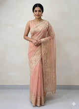 Semi organza saree with embroidery  - MSH124 PeachyPink
