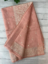 Semi linen saree with chikanakari embroidery- MS15086 PastelPeach