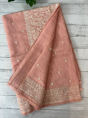 Semi linen saree with chikanakari embroidery- MS15086 PastelPeach