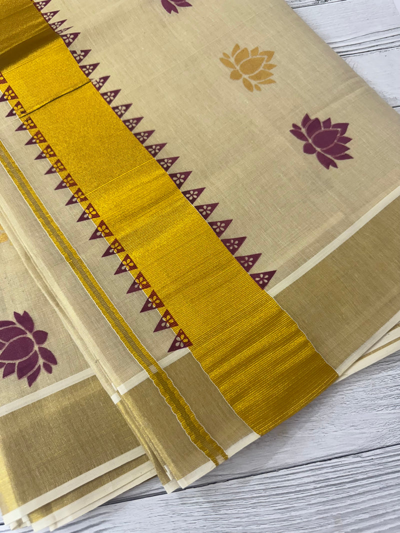 Kerala Lotus printed tissue saree - Vadamalli