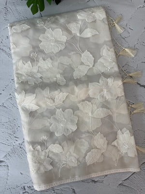 Semi organza saree with appliqué work - MSH989 OffWhite