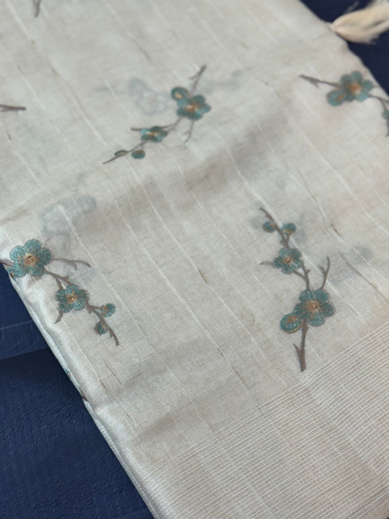Blended tussar saree with embriodery - MS8665 Cream