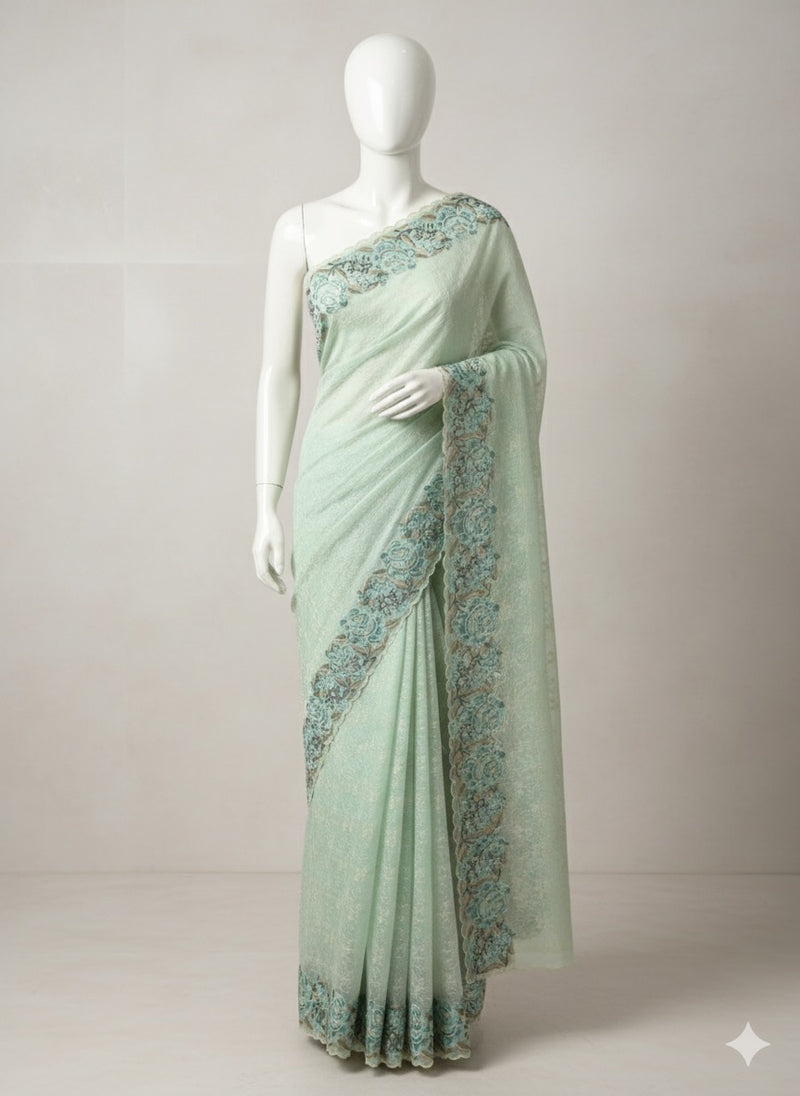 Phulkari NetKota embroidery saree - MSH126 Pastel PistaGreen