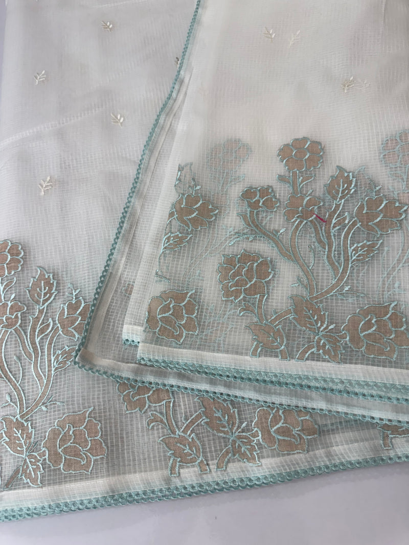 NetKota Applique work saree  MSH123- White & AquaBlue