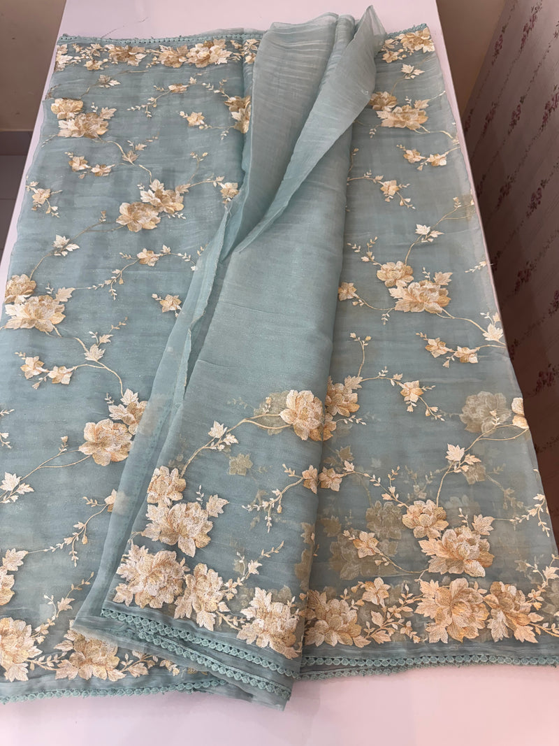 Tissue Organza saree with thread work  MS14931 PastelBlue