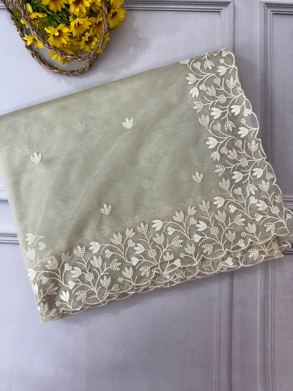Glassy tissue organza saree with embroidery FKSF88- Pastel DuskyGreen