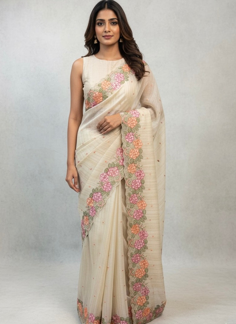 Cutwork Kota Silk saree SBLCYNY - Beige