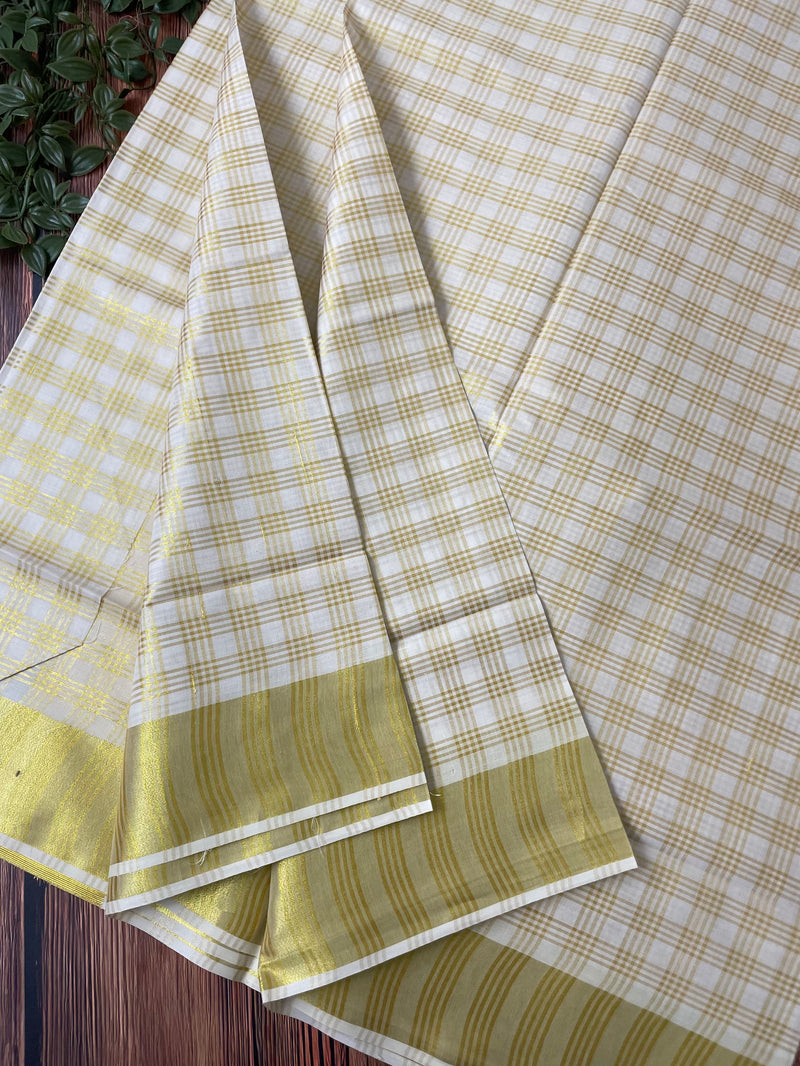 Kerala tissue cotton Saree - Gold checks