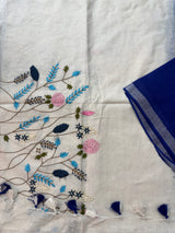 Linen blend Saree with hand embriodery MLS611- Royal blue & white