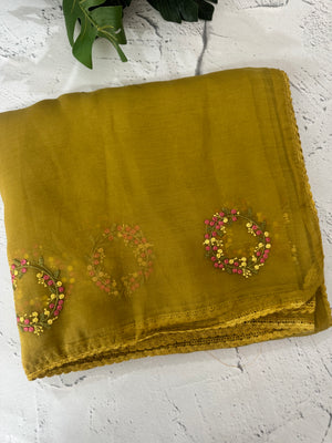 Crush chiffon saree with embroidery MCH345 MustardOlive