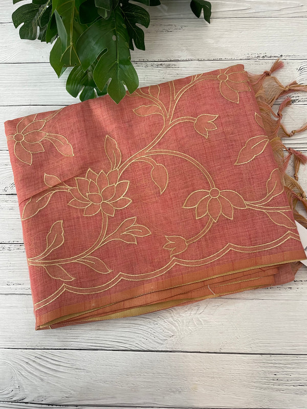 Ombre Soft Tissue linen saree with appliqué work MSL875