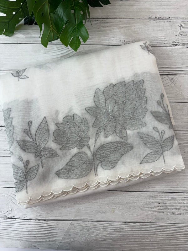 Tissue mix soft silk saree with applique work MTSS5432 White to Grey